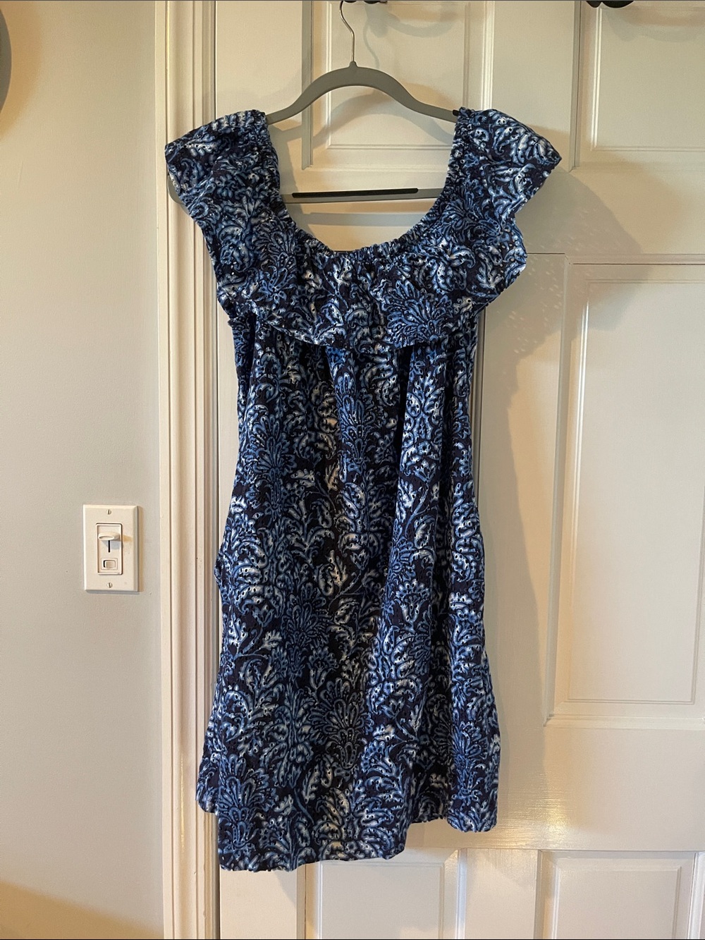 Tommy Bahama Navy Blue Floral Off-Shoulder Dress, beach cover up with pockets